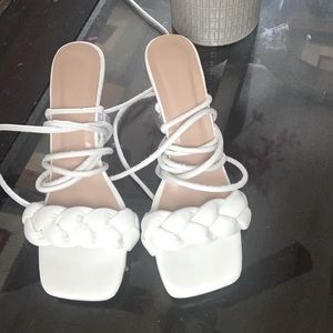 White Ankle Tie Heels